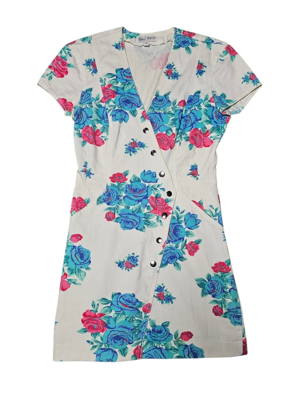 Vintage Paris Blue Floral Print Mini Dress Shabby Chic Size 9